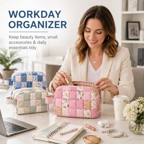 Large Quilted Makeup Bag 5 Pack with Handle Travel Cosmetic Organizer