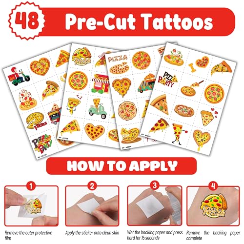 72PCS Pizza Party Set 48PCS Temporary Tattoos 24PCS Slap Bracelets Fun Food Themed Birthday Supplies, Baby Shower Gifts, Classroom Rewards & Party Decor for Kids Boys & Girls