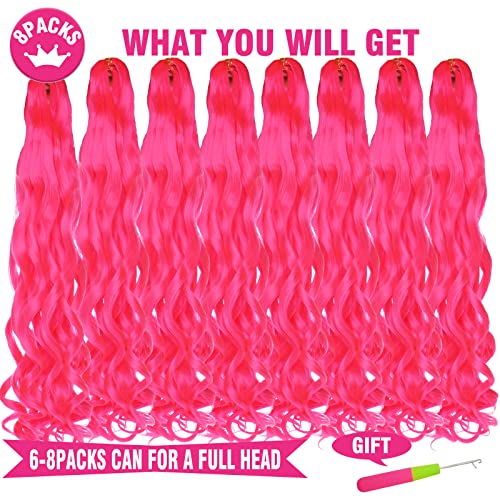 Pink French Curly Braiding Hair 22 Inch Pre-Stretched 8 Paks for Black Women - Hot Pink