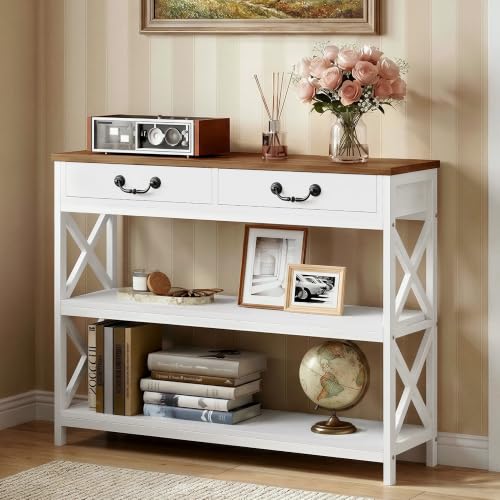 IRONCK 39.4-Inch Farmhouse Console Table with Storage - White & Walnut Variation 39.4inch