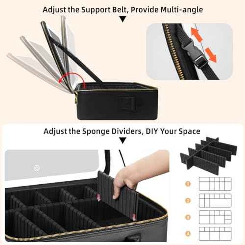 15¡°¡¿11¡°Professional Makeup Train Case,Large Waterproof Travel Makeup bag with Mirror and Light, Leather Black Make up Bag with Mirror and Light,Led Makeup Case with Adjustable Dividers