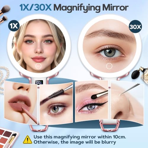 30X Travel Magnifying Vanity Mirror with Light & Phone Holder - Rosegold