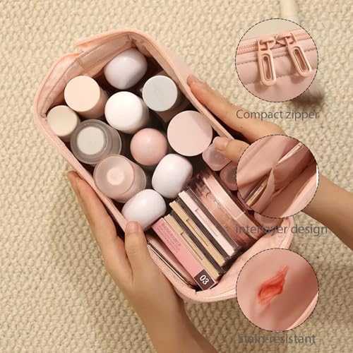 Travel Makeup Bag for Women Wide-Open Large Capacity Cosmetic Bag, Toiletry Pouch with Brush Storage, Travel Essentials Accessories(Pink)