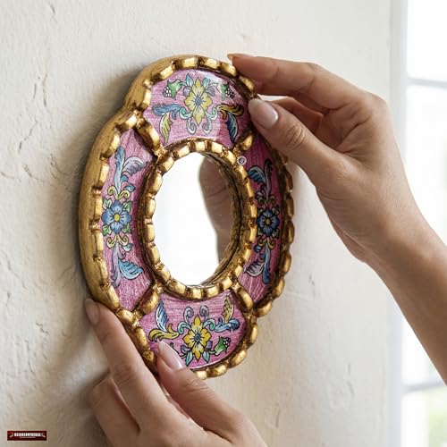 Peruvian Mirror Wall - Handmade Reverse Painted Glass Art - Elegant Miniature Oval Mirror for Gallery Wall - Unique 6" x 5.1" (Pink)