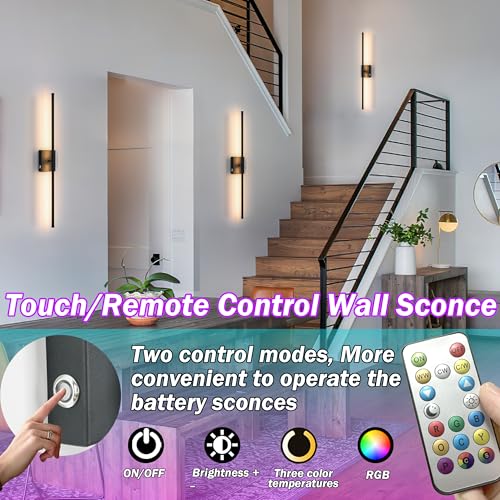Black Wireless Wall Sconce Set of 2 with 10000mAh Battery & Remote - RGB Color, Dimmable, 70H Runtime