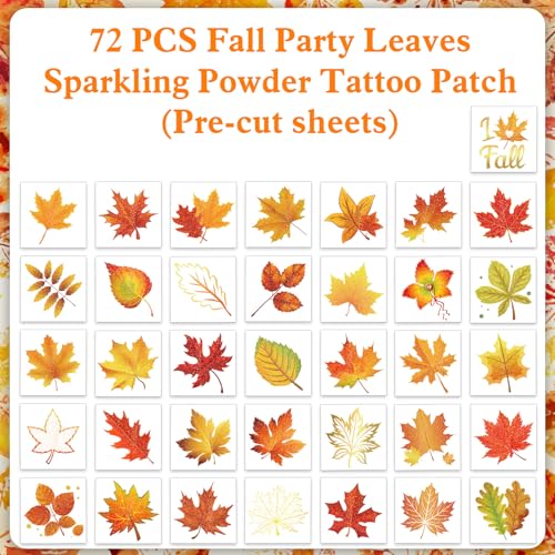 HOWAF 72pcs Glitter Fall Leaves Temporary Tattoos Autumn Harvest Tattoos Stickers for Kids Girls Boys Decor, Glittery Maple Leaves Fake Tattoo Autumn Leaf Face Tattoos for Fall Gift Bags Fillers