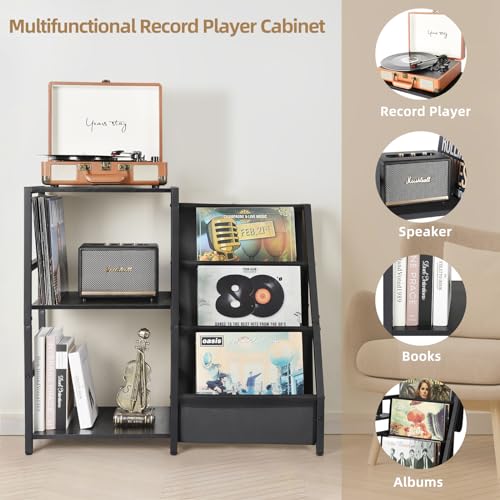 Black Record Player Stand with 3-Tier Vinyl Storage - Fits Up to 200 Albums
