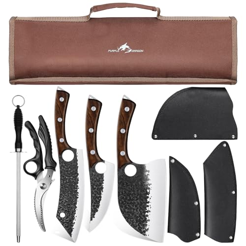 Purple Dragon 9-Piece Chef Knife & Butcher Knife Set with Carry Bag - High Carbon Steel, Full Tang, Portable Kitchen Cutlery