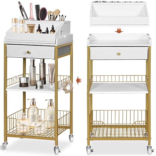 Makeup Organizer Cart with Detachable Hair Tool Holder - Gold, 15-Inch Wide