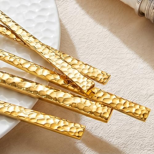 Gold Flatware Set for 8 - 40-Piece Hammered Stainless Steel Cutlery