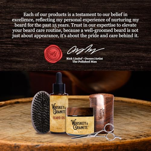 Whiskey & Granite Beard Kit for Men ? 100% Natural Ingredients (Mountain Shine). Includes beard oil and balm, comb, brush, and scissors.