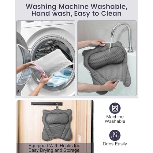 Bath Pillow, Bath Pillows for Tub Neck and Back Support, Soft 4D Air Mesh Bathtub Pillow 16.5 x 17.3 INCH, with 6 Powerful Suction Cups, Bath Accessories Relaxing Gifts for Women (Grey)