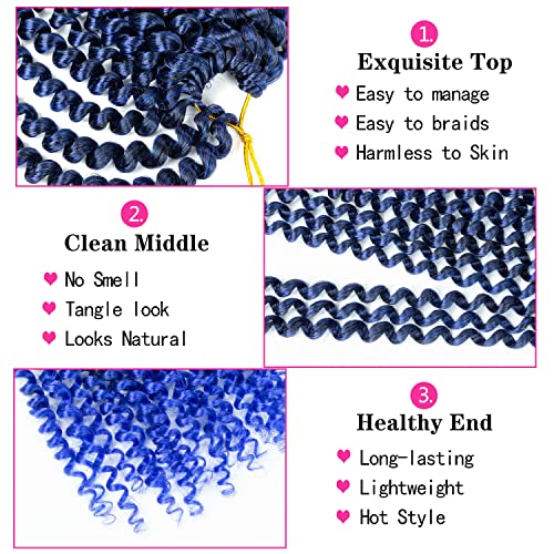 8 Inch Ombre Blue Passion Twist Hair - Water Wave Crochet Hair 22 Strands Pack - Blue Variation
