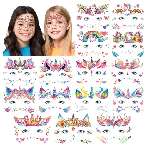 Partywind Face Temporary Tattoos for Girls, Waterproof Fake Tattoos for Kids Party Supplies Favors, Face Tattoos for Children Birthday Party Games, Special Party Goodie Bag Stuffers Fillers