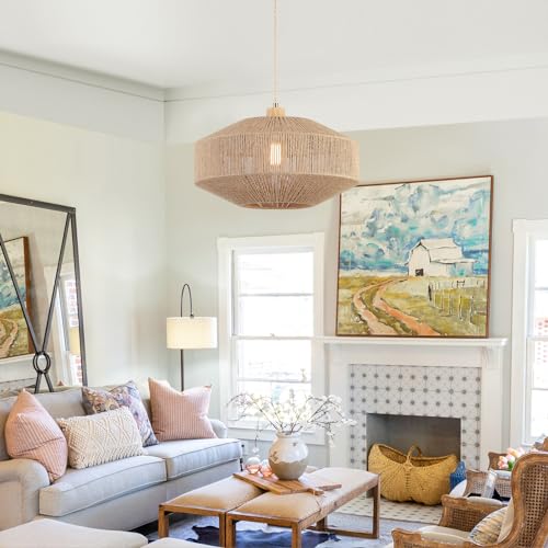 Plug-in Coastal Woven Pendant Light with 14ft Handmade Rope Cord - Dimmable Farmhouse Hanging Lamp for Kitchen Island & Living Room - Variation 2