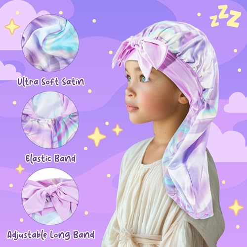 Lolalet Kids Bonnets for Girls, Long Silk Bonnet for Sleeping Kids Satin Bonnet Cap with Tie Band for Dreadlocks Braid Afro Curly Hair -1 PC, Laser