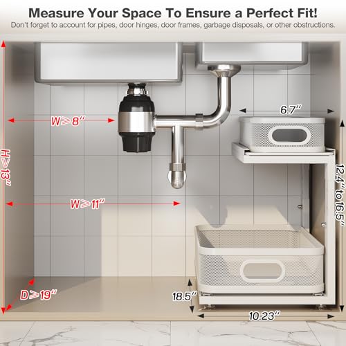 Corbyles 2-Pack White 18.5" Under Sink Organizer with Adjustable Height, Mesh Drawers, Ball-Bearing Slides
