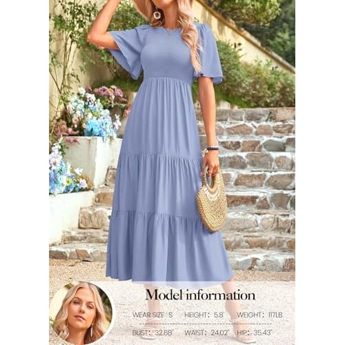 KIRUNDO Summer Dresses for Women 2026 Spring Casual Flutter Short Sleeve Wedding Guest Smocked Flowy Tiered Aline Midi Dress
