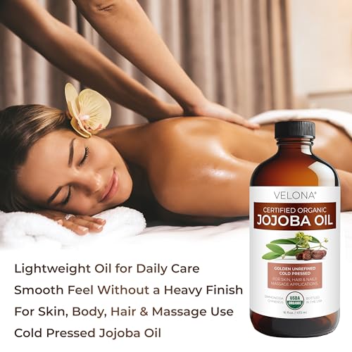 Velona USDA Organic Jojoba Oil 16 fl oz Glass Bottle Cold Pressed Non-GMO Pump