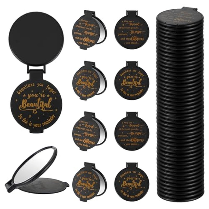 100pcs Black Compact Mirror Bulk Gifts for Women, Mini Inspirational Purse Handheld Makeup Pocket Mirror, Round Portable Makeup Folding Mirrors Gift for Christmas Valentine Daily Travel Coworker