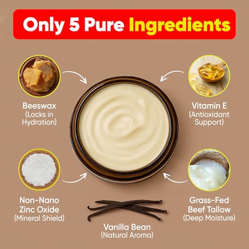 Natural Mineral Sunscreen Balm with Beef Tallow & Zinc Oxide - Unscented, Water-Resistant, Sensitive Skin 4 Oz