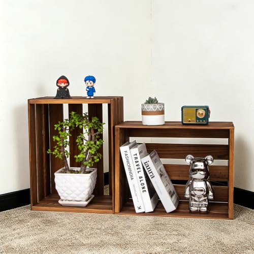 Set of 3 Rustic Wooden Storage Crates with Handles - Dark Brown Farmhouse Decor