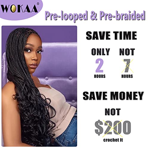 WOKAA French Curl Crochet Braids 24 Inch - 8 Pack Pre-Looped Goddess Box Braid Extensions with Curly Ends, Natural Look