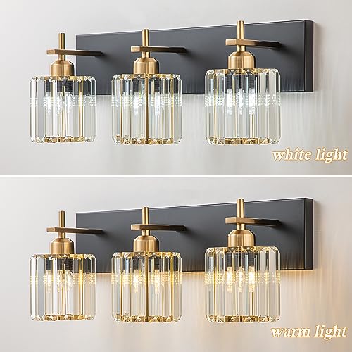 HUOKU Black Gold Round Shade 3-Light Crystal Bathroom Vanity Light Fixture