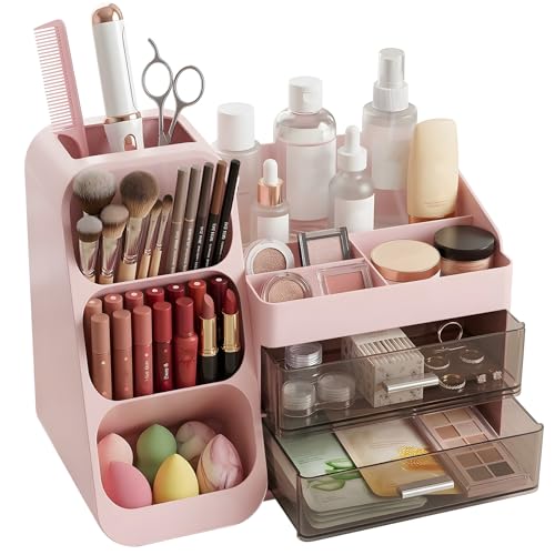Large Pink Makeup Organizer with 2 Drawers & Brush Holder for Vanity & Bathroom