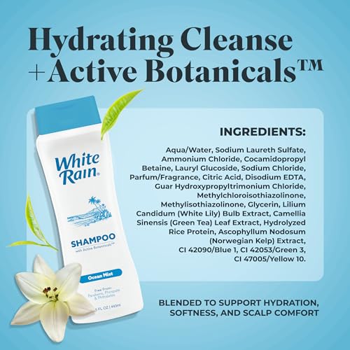 White Rain Moisturizing Shampoo - Ocean Mist Scent, 15 fl oz, Hydrating Shampoo for Men & Women, Paraben-Free & Cruelty-Free with White Lily, Green Tea & Rice Protein