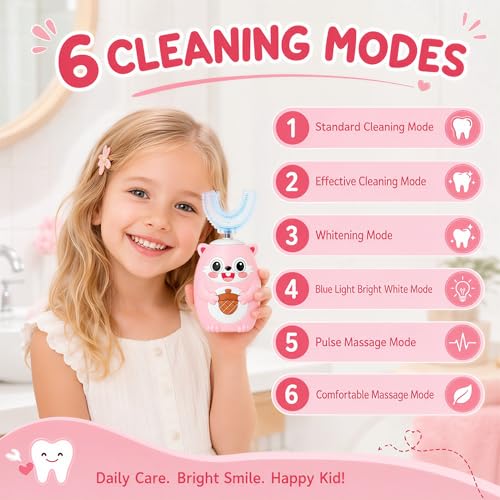 Kids U-Shaped Electric Toothbrush for Children’s Full-Mouth Cleaning Pink - 3 Modes