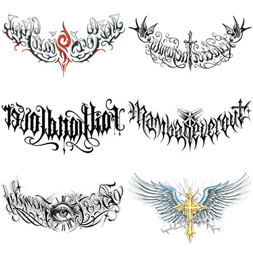 GLARYYEARS Words Temporary Tattoo for Adults, 6-Pack Large Realistic Back Chest Tattoos Stickers, Long-lasting Wings Quotes Inspirational Words Fake Tattoos, Makeup for Men Women Body Tramp Stamp