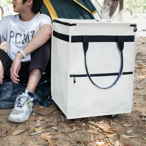 Beige Medium Reusable Grocery Bag on Wheels Folding Rolling Tote - Durable & Spacious