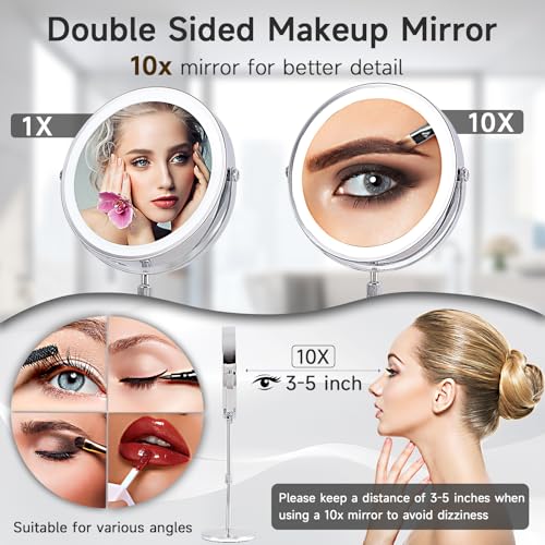 9 Inch Double Sided Makeup Mirror with Lights - 1X/10X Magnification, Rechargeable, 360° Rotation, Adjustable Height - Variation: 9" & 1x/10x