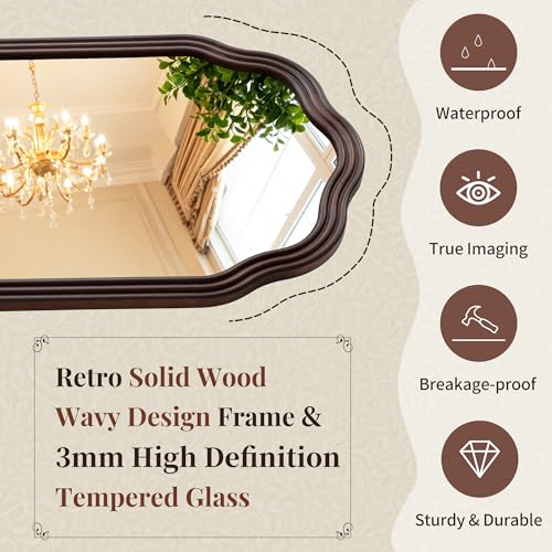 36 Inch Wavy Arch Wooden Bathroom Mirror - Rustic Wall Decor, Dark Brown