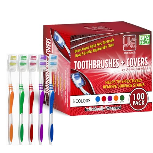 Bulk 100 Pack Colorful Individually Wrapped Toothbrushes with Covers - Soft Bristles, Travel & Hotel Use