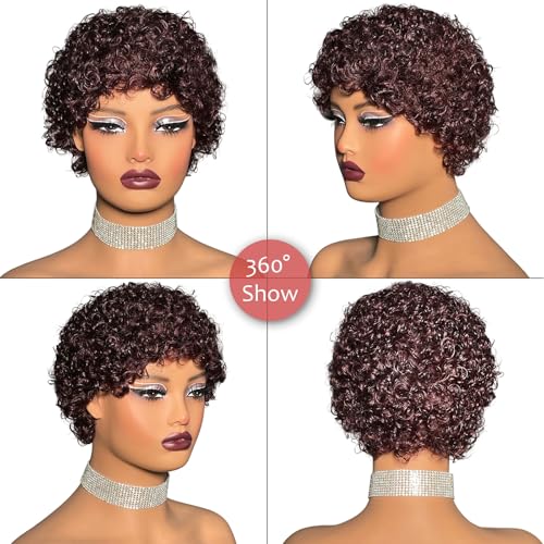 Burgundy Afro Kinky Curly Wigs for Black Women Short Pixie Cut Human Hair - Glueless 99J Style