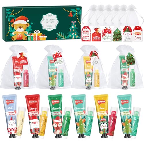 Christmas Bulk Gifts for Women, Lip Balm & Hand Cream Set with Organza Bag Thank You Card, Stocking Stuffers for Coworkers Teacher Mom Nurse, Thank You Gifts, Bridal Shower Wedding Favor for Guests