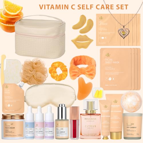 33 pcs Valentines Day Gifts for Women, Orange Facial Kit, Skin Care Gift Set, Self-Care Kit, Spa & Bath & Body Basket Gift, Beauty Bag, Face Gel Mask, Pampering Kit, Birthday Gift, Mother Day