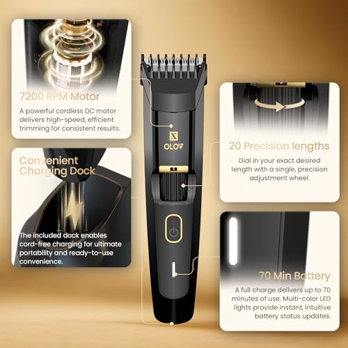 Men's Black Beard Trimmer with 20 Adjustable Lengths, Waterproof Cordless Groomer