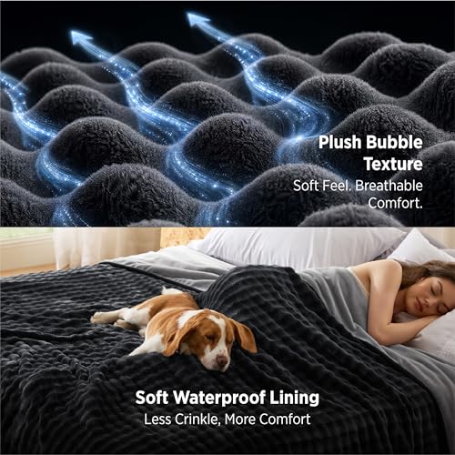 Queen Waterproof Fleece Dog Blanket - Reversible Bubble Bed Protector, Black/Grey