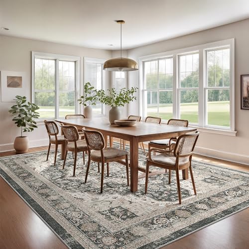 Washable Area Rug 8x10 Vintage Living Room Carpet - Black & Beige
