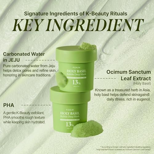 P.CALM Holy Basil Bubble Deep Mask 2EA + BRUSH ? Holy Basil & Carbonated Water for Cleansing Pores & Blackheads, Korean Clay to Bubble Wash-Off Pack, Stocking Stufffers (2EA x 90g / 3.17 oz)