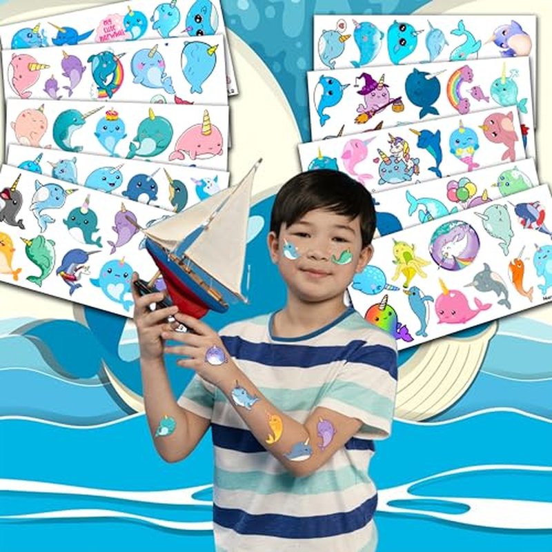 107 PCS Cute Narwhal Temporary Tattoos Themed Birthday Party Supplies Decorations Favors Decor Under The Sea Baby Tattoo Stickers Gifts For Boys Girls Class Prizes Carnival