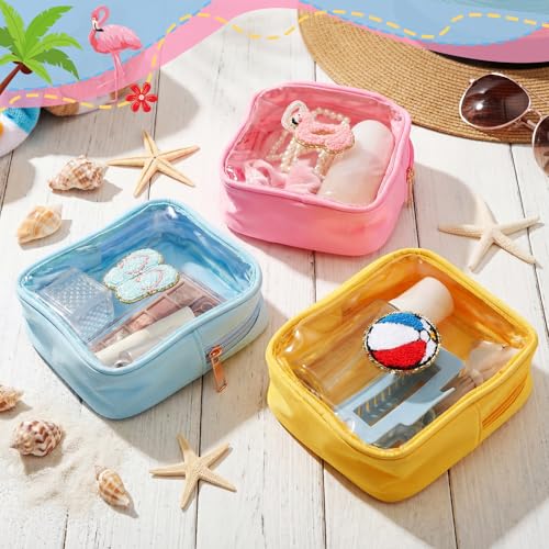 Summer Party Cosmetic Bags with Chenille Patches - Yellow Blue Pink / Cute - Waterproof & Travel Friendly