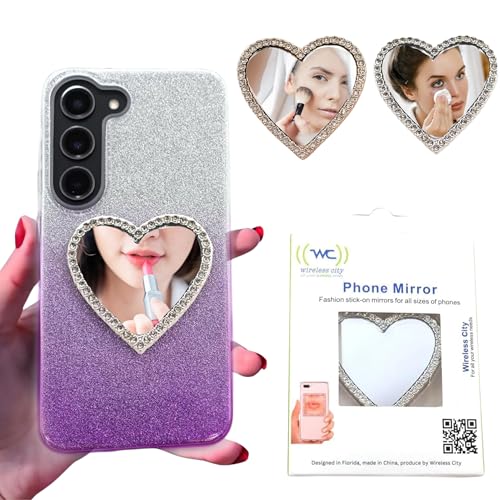 Heart-Shaped Phone Mirror Set 2 Pack - Silver & Gold Compact Bling Makeup Mirrors with Adhesive Backing