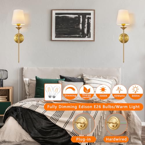 Gold Plug-In or Hardwired Wall Sconce Set of 2 - Dimmable Mid Century Modern Bedside Lighting with Knob Switch and 6.5FT Cord