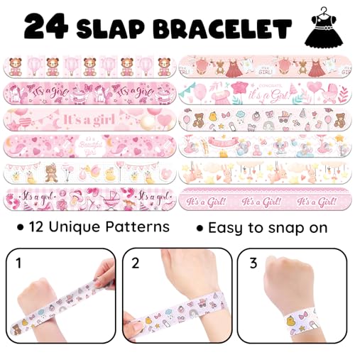 96 PCS It¡¯s a Girl Baby Shower Favors Set ? 72 Pre-Cut Temporary Tattoos & 24 Slap Bracelets, Perfect for Gender Reveal Parties & Newborn Celebrations