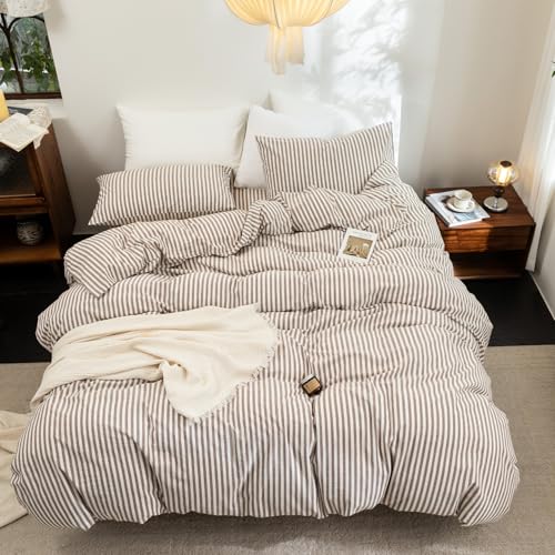Striped Cotton Linen Feel Duvet Cover Set King Cocoa Brown Variation
