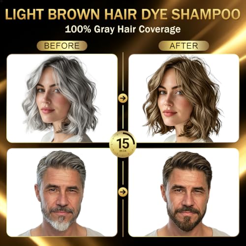 Light Brown Hair Dye Shampoo for Gray Coverage - 3 in 1 Hair Color Shampoo - Gentle & Natural Formula